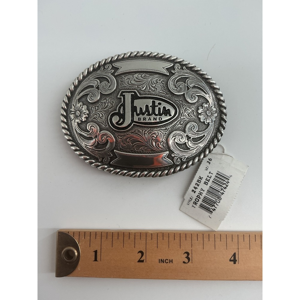 Justin Brand Trophy Belt Buckle Silver Tone Western Floral Scroll Oval 242BK